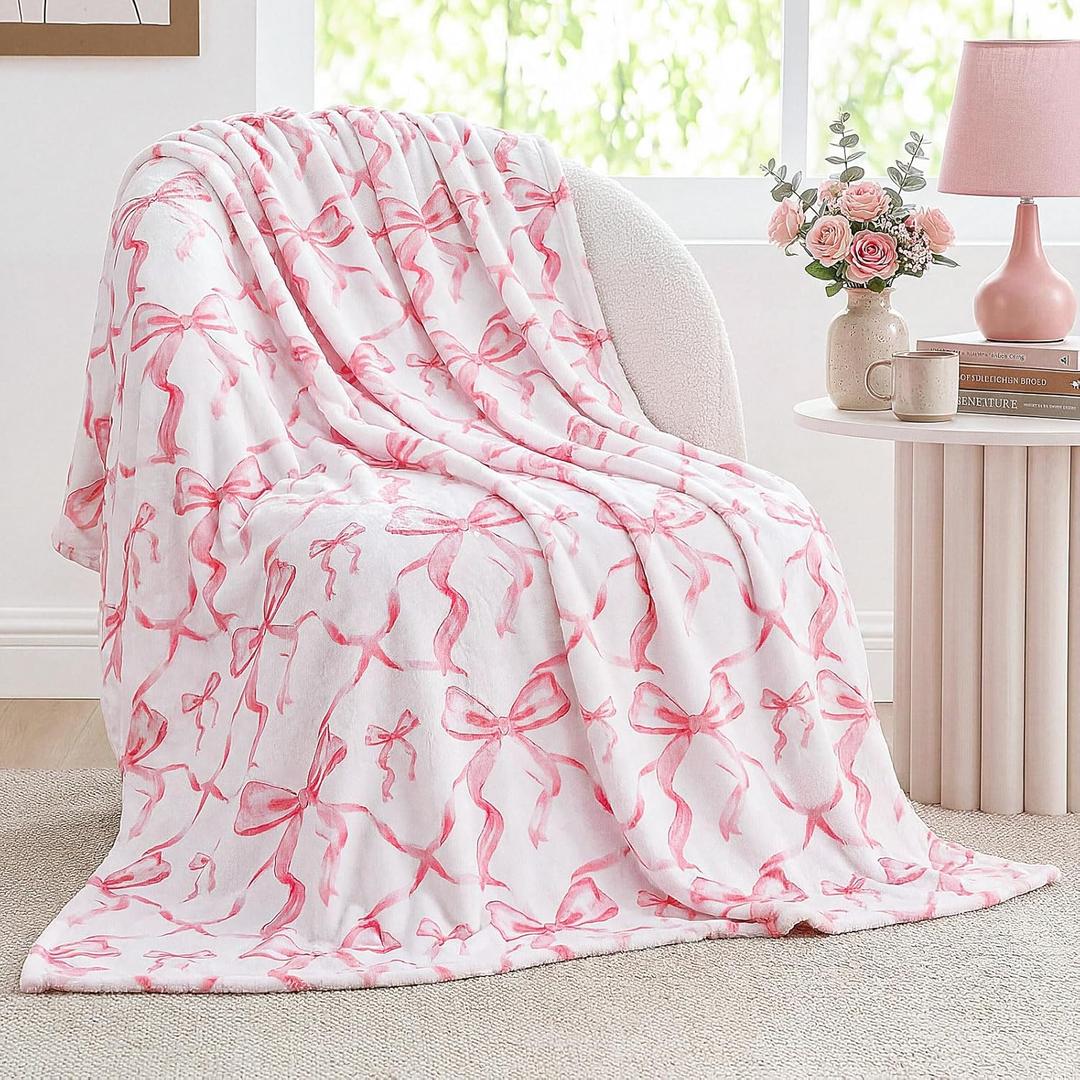 Buryeah Pink Bow Throw Blanket 50"x60" Ultra Soft Flannel Coquette Aesthetic Blanket for Girls Women Preppy Room Decor for Bed Sofa Spring Wedding Mother's Day Graduation Back to School Gift