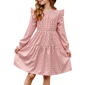 DOKOTOO KIDS Girls Vintage Puff Long Sleeve Ruffle Dresses with Two Side Pockets for 6-13 Years, Fall/Spring/Summer (Pink, XL)