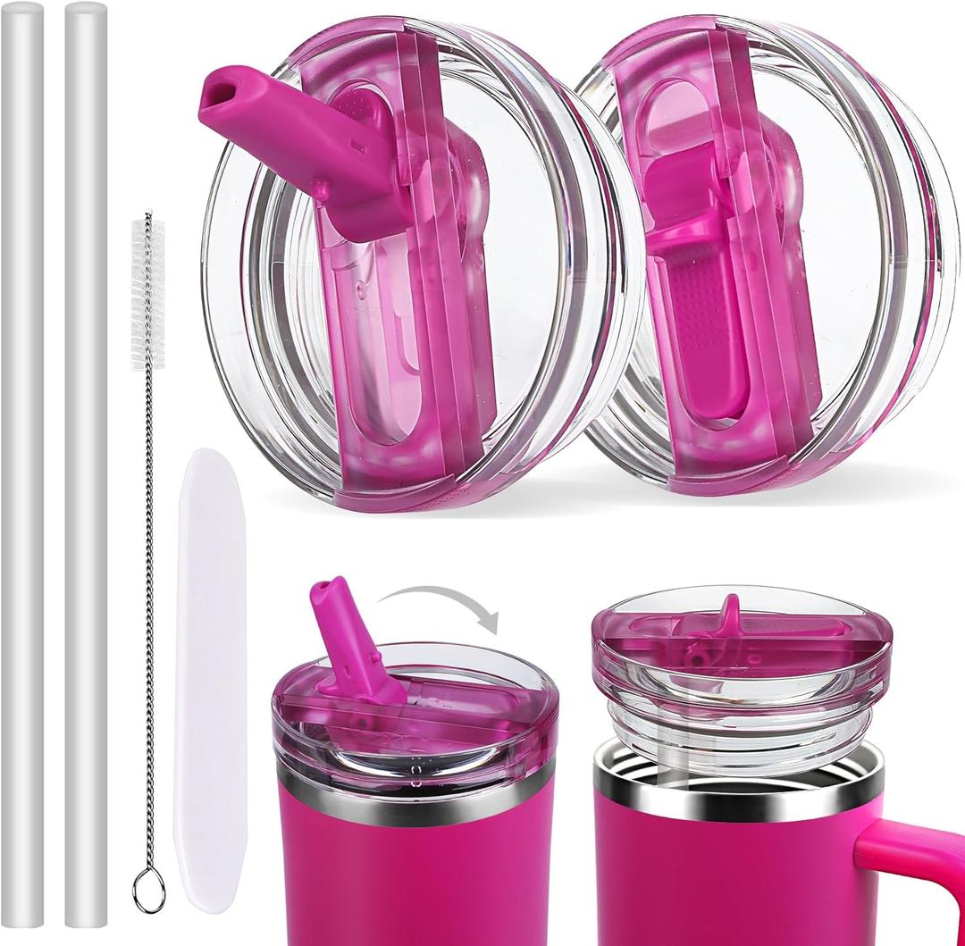 40oz Leak-proof Tumbler Lid Compatible for Stanley, 2 Pack Replacement Tumbler Lids Fit for Stanley Quencher 2.0 Tumbler 40 OZ, with Straws and Cleaning Brush