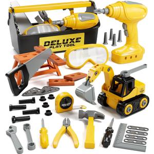 Lehoo Castle Kids Tool Set with Electric Toy Drill and Tool Box, Construction Toys for 3 Year Old Boys Birthday Gift, Pretend Play Toddler Tools for 3-5 Years Old (Yellow)