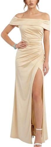 ZAFUL SPORTS Women's Sexy Silky Satin Off The Shoulder Ruched Slit Bodycon Maxi Dress for Prom Wedding Guest, Golden, S