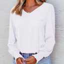 Dokotoo Women's Casual Long Sleeve Shirts Shirred Shoulders Solid Color Knit Tops Blouses (White)