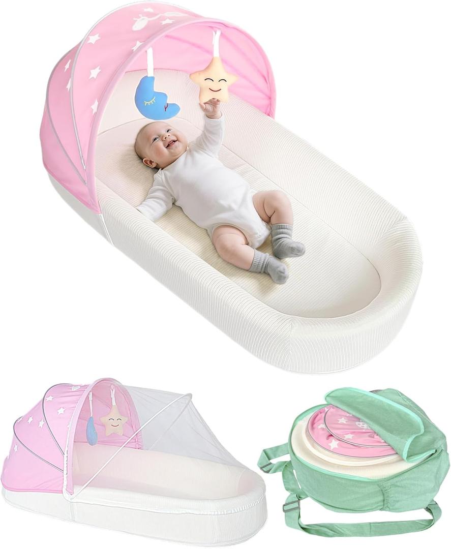 Portable Newborn Nest Lounger-Travel Bassinet,with Canopy & Mosquito Net-Lightweight Foldable Lounger Cotton Cover & Supportive Mattress Washable and Indoor-Outdoor Use (Pink)