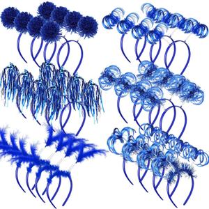 Censen 24 Pcs Pom Pom Headband Tinsel Wrapped Ponytail Head Bopper Costume Headwear Carnival Easter Party Accessory (Blue)