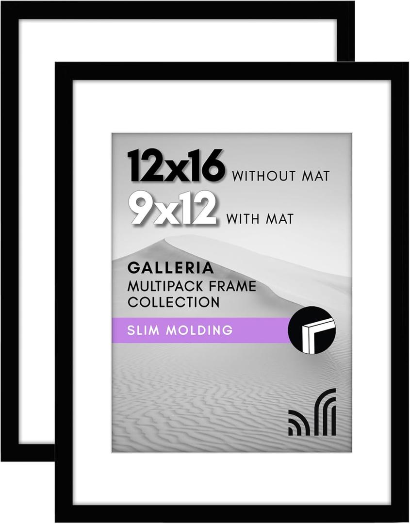 Americanflat 12x16 Picture Frame with Polished Plexiglass - Set of 2 - Use as 9x12 Frame with Mat or Display 12x16 Photo Without Mat - Galleria Collection - Picture Frames for Wall Display - Black