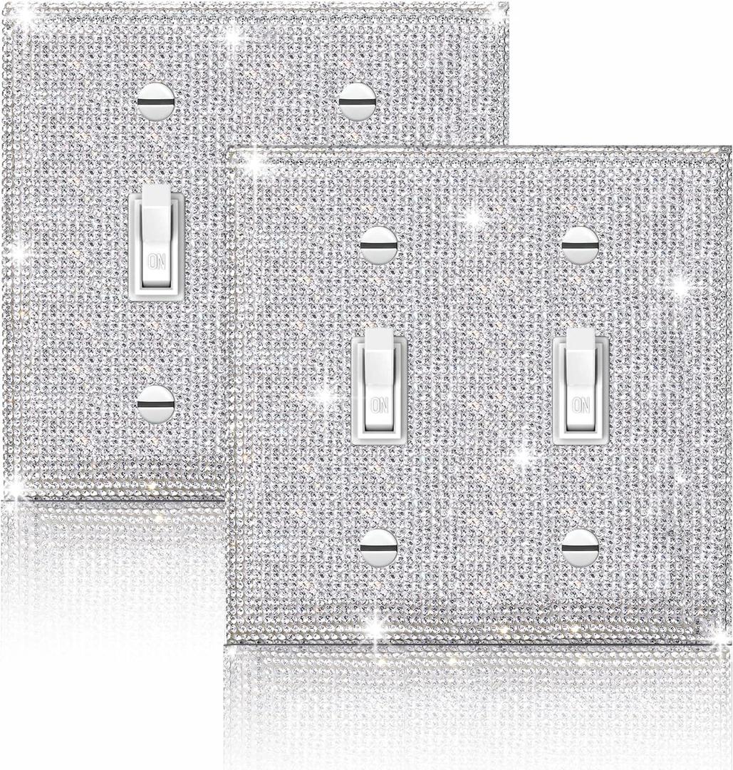 Gaocai 2 Pcs Shiny Silver Rhinestones Wall Plate Cover, Double Gang Toggle Outlet Covers, Bling Light Switch Cover (Standard Size)