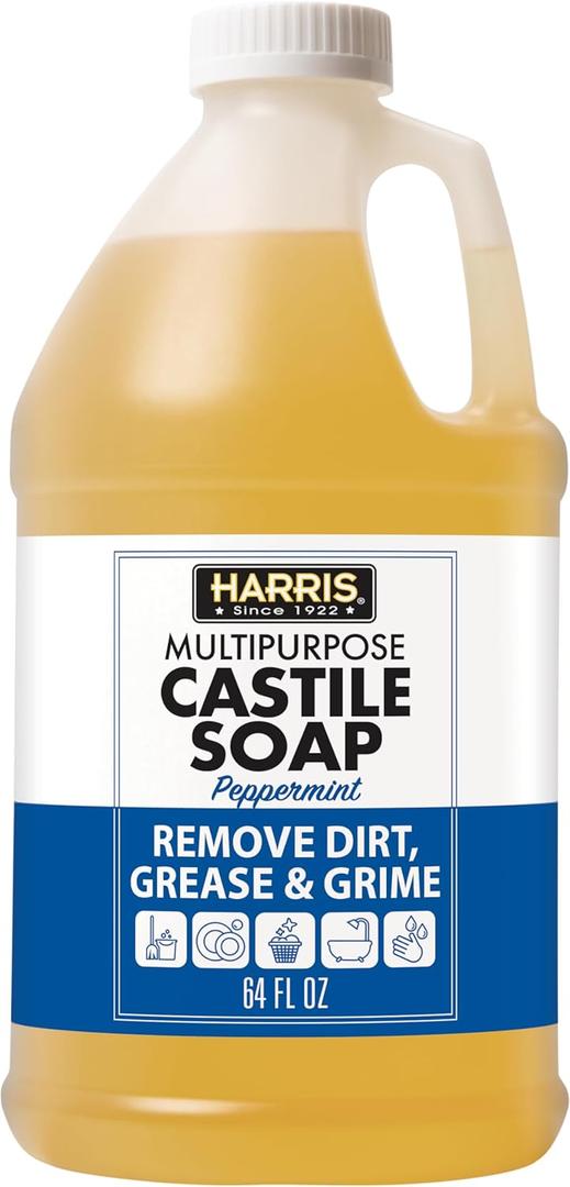 HARRIS Multi-Purpose Pure Liquid Castile Soap for Home Cleaning, Multi-Purpose Cleaner, For Dish Soap, Laundry Detergent, Kitchen and Bathroom Surfaces, Kids Rooms, Scented with Peppermint Oil, 64 Oz (64 Fl Oz (Pack of 1))