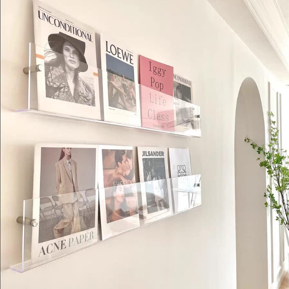 2 x DuvinDD 2 Pack Acrylic Magazine Holder Rack Brochure Holder Wall Mount 24 inch Clear Hanging Magazine Rack Floating Bookshelf for Literature Pamphlet Organizer for Room Office, with Mounting Kit