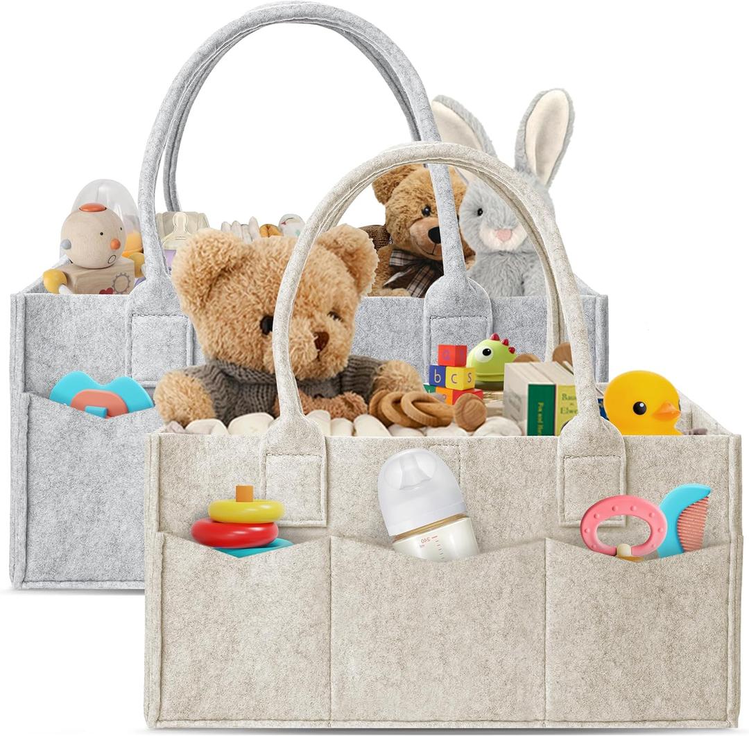 HIPHOP PANDA 2-Pack Diaper Caddy Organizer - Newborn Essentials Baby Registry Must Haves - Sturdy Nursery Storage Bin & Portable Car Caddy for Diapers & Wipes - Grey/Oatmeal Gift Set 