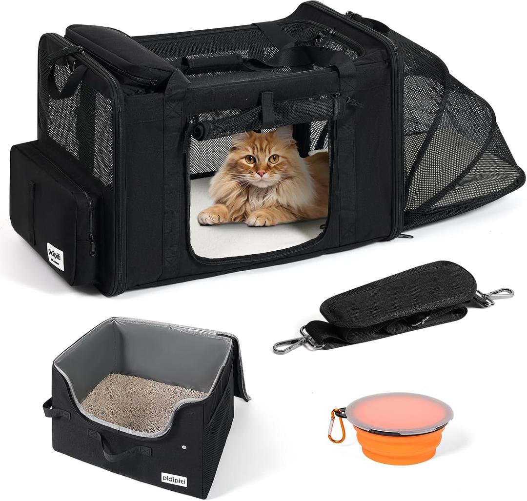 pidipiti 25''(L) x 17''(W) x 17''(H) Extra Large Expandable cat Carrier for car Travel,Soft Crate for 1 Large / 2 Medium Cats up to 35 lbs,Long Road Trip cage with a Leakproof Portable Litter Box