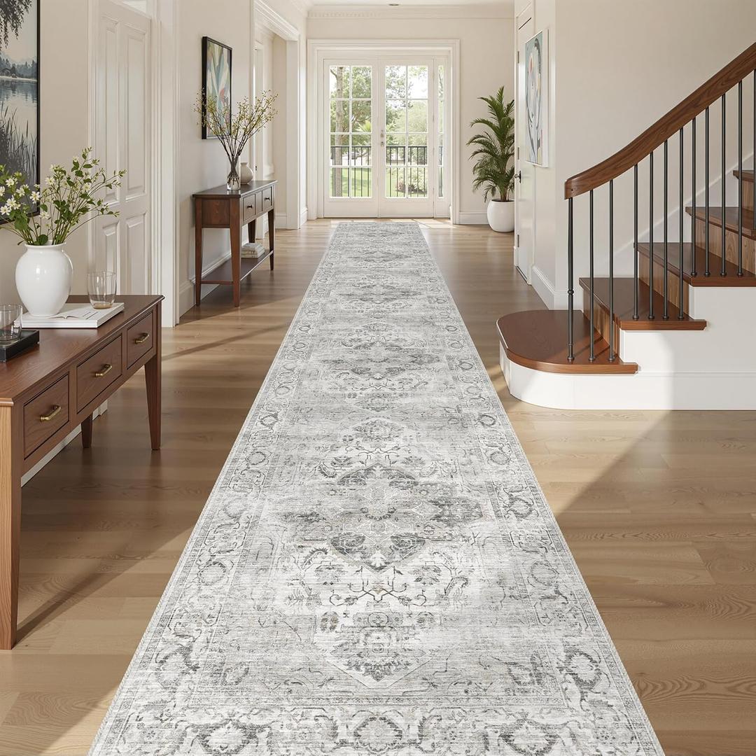 Washable 2.6x14 Runner Rug - Non Slip Long Vintage Hallway Runner Rugs for Kitchen Stain Resistant Indoor Mat Waterproof Carpet for Living Room Entryway Ivory/Gray