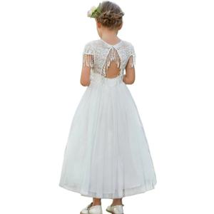 BIBIHOU Girl's Lace Flower Short Sleeve Tiered Swing Wedding Formal Party Drese for Little Big Girl, White 10Y