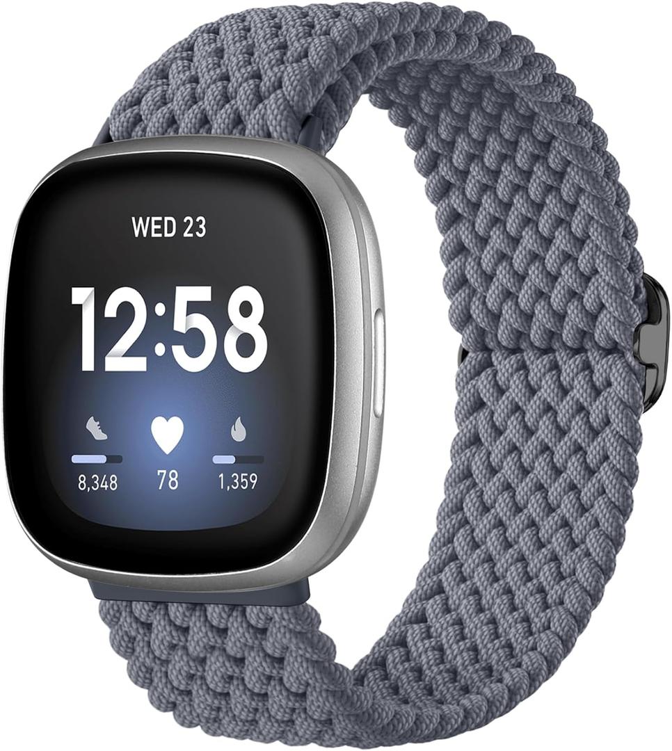 Maledan Braided Stretchy Band Compatible for Fitbit Sense/Versa 3/4 and Sense 2, Soft Elastic Strap Bracelet Wrist Bands for Smart Watch, Accessory for Men and Women (7-Gray)