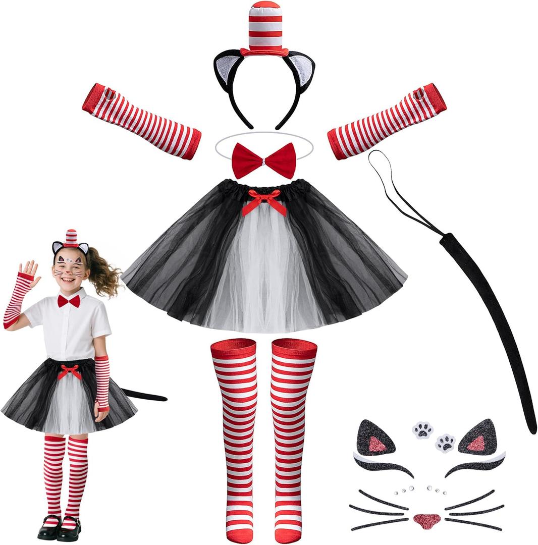 codree 7 Pcs Cat Costume Set, Halloween Kitty Cosplay Outfits, Cat Ear Top Hat Headband Bowtie Skirt Tail Socks Gloves Kit