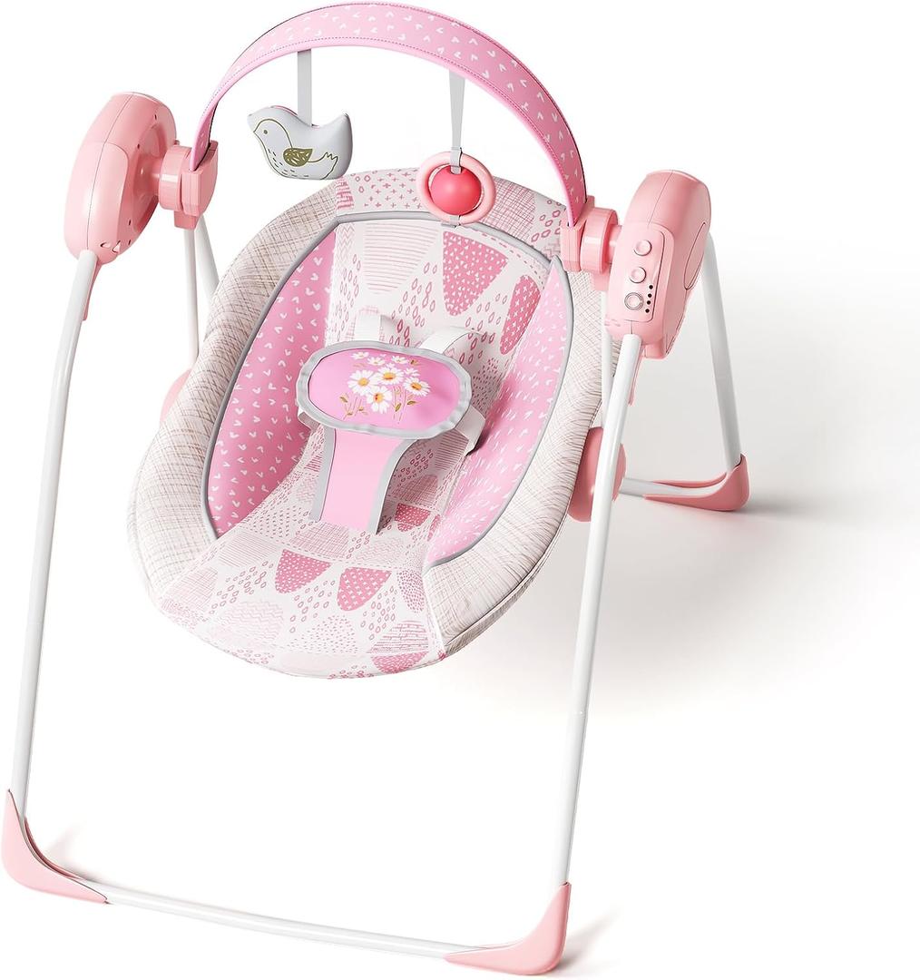 Portable Baby Swing, Pink Electric Infant Swing with 5 Speed Levels, 6 Songs & Timer Battery-Powered Only (No Batteries Included) Pink and White