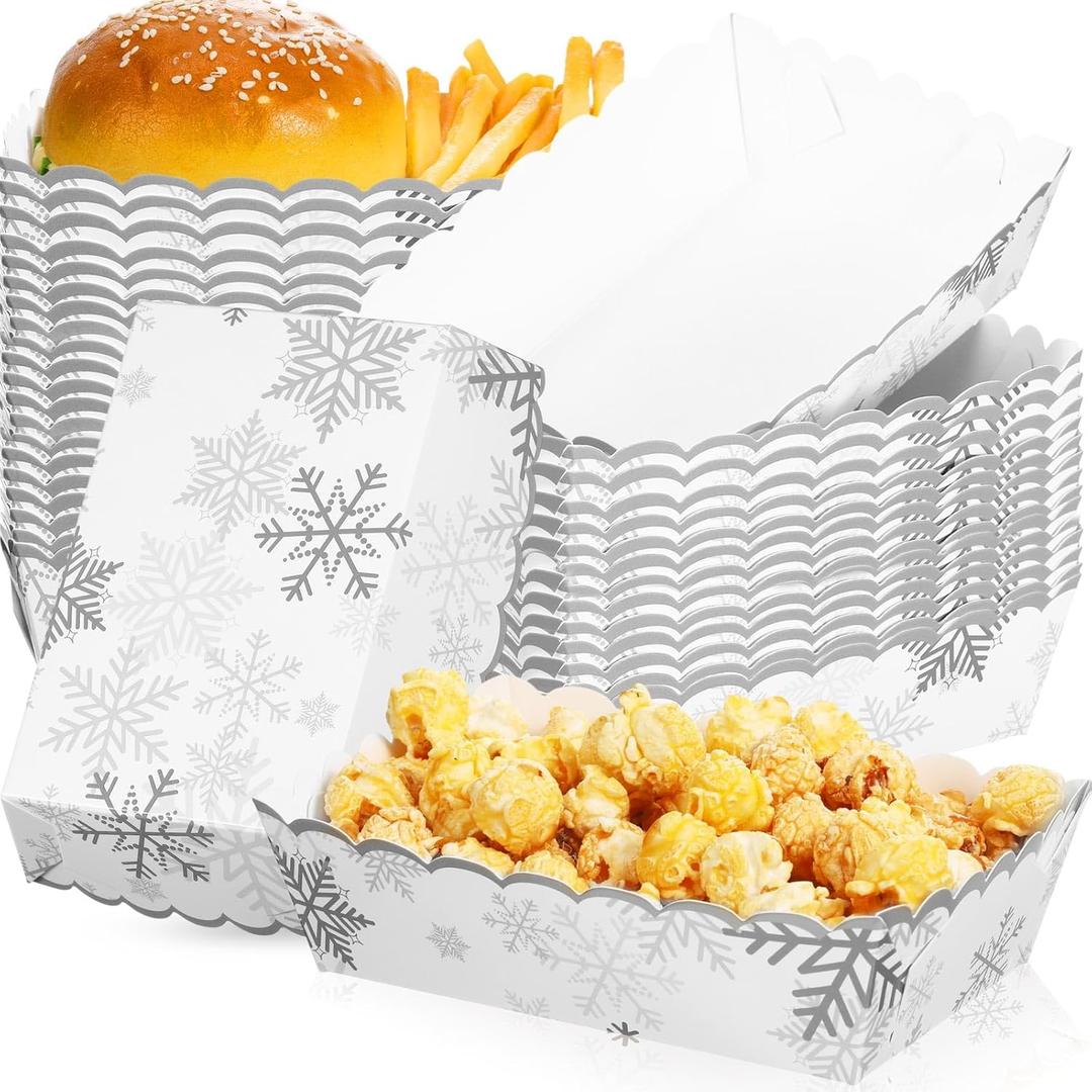 60 Pcs Silver Winter Snowflake Paper Food Trays Winter Wonderland Party Decoration Snowflake Snack Trays Nacho Boats Bowl Disposable for Holiday Birthday Baby Shower Party Supplies