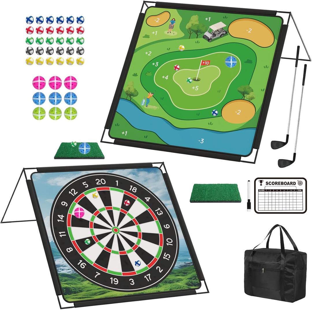 Golf Chipping Game with Large Double-Sided Chipping Mat, 2 Adjustable Clubs, 9 Sticky Pickleballs,30 Sticky Golf Balls,Portable Practice Game for Dads and Junior Golfers - Indoor and Outdoor