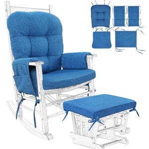 BUYUE Glider Rocker Replacement Cushion 5 PCS with Ties, Linen High-Density Foam Non-Slip & Washable Rocking Chair Pads for Sitting, Blue