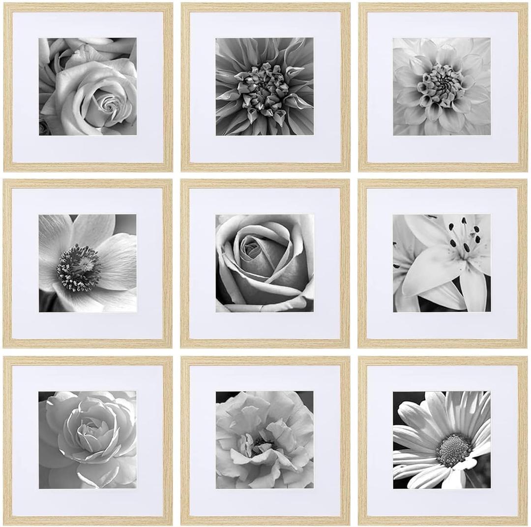 eletecpro 12x12 Picture Frames Set of 9 with Clear Acrylic Cover, Display 8x8 Photos with Mat or 12x12 Without, Classic and Sturdy Square Collage Gallery Wall Decor, Easy Wall Mount, Natural
