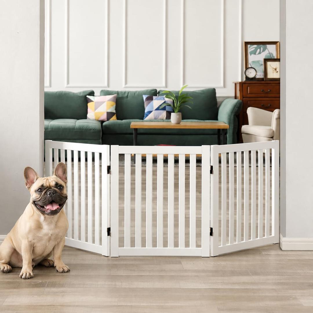 WELLAND Wooden Freestanding Pet Gate, 24 Inch 3 Panel Step Over Fence, Expands Up to 60" Wide, Foldable Indoor Dog Gate Puppy Safety Fence, White
