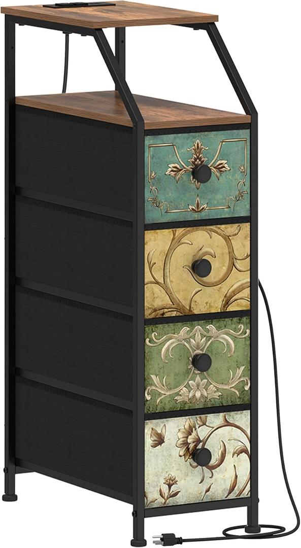 Tohomeor Narrow Dresser Tall Skinny Storage Tower Vertical Slim Chest of Drawers with Charging Station Small Nightstand Side Table for Bedroom, Bathroom, Small Spaces (Retro Flower, 4 Drawers)