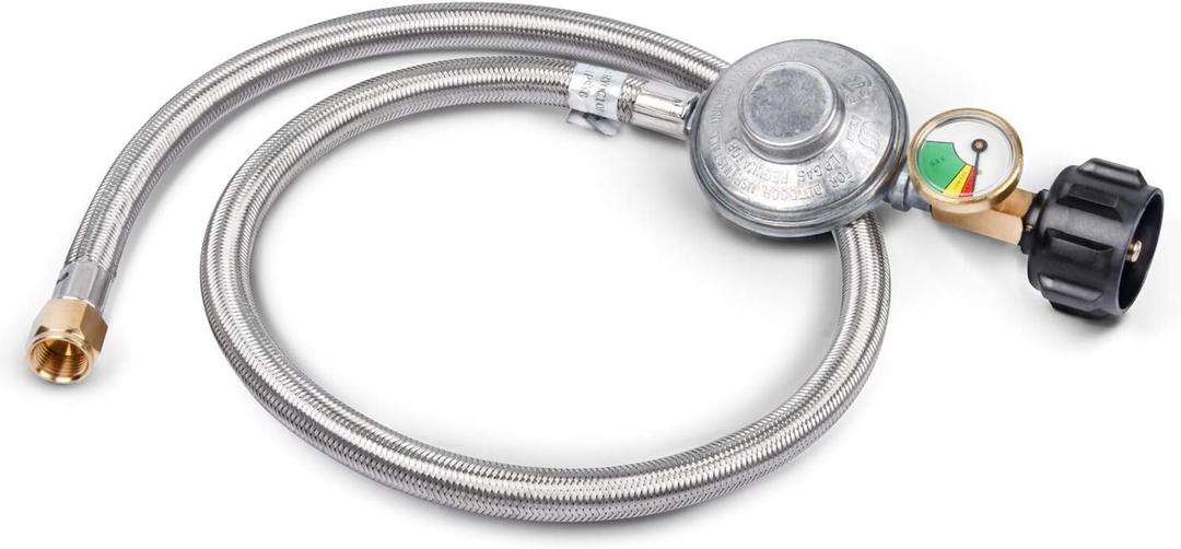 GasSaf 3FT Propane Regulator with Hose,Stainless Steel Braided Propane Gas Regulators and Gauges Suitable for Most LP Gas Grill, Heater and Fire Pit Table (Silver)