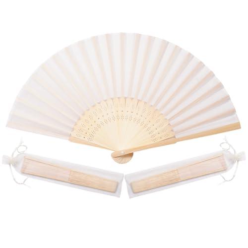 Sepwedd 50pcs Cream-Coloured Imitated Silk Fabric Bamboo Folded Hand Fan Bridal Dancing Props Church Wedding Party Favors with Organza Bags