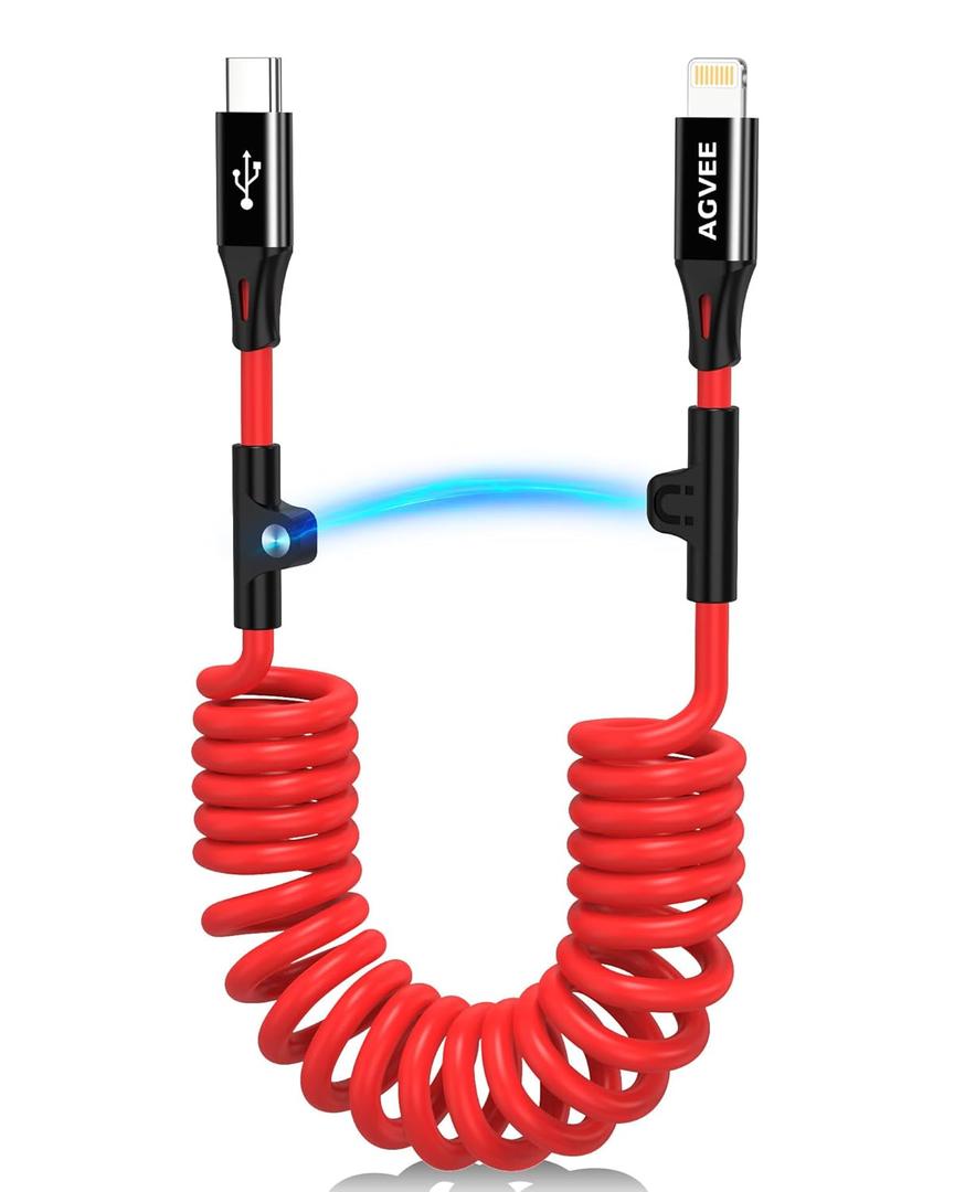 AGVEE 3ft Coiled Short USB-C to Lightning Charging Cable [MFI Certified] 30W PD Fast Charger Cord in Car for iPhone 14/13/12/11/XS/8/7/6/5 CarPlay, iPad, iPod, Red
