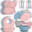 24 Pack Silicone Baby Feeding Set - 6+ Months Food Grade Baby Feeding Essentials | Silicone Bibs, Baby Bowls and Plates, 3 in 1 Baby Sippy Cup, Spoons and Fork Set | Free of BPA/PVC/Lead/Phthalate (Light Blue, Light Pink and Light Gray)