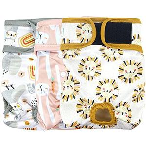 Langsprit Washable Female Dog Diapers (3 Pack) -Doggie Reusable Diapers for Doggy Puppy Female in Period - Highly Absorbent Dog Heat Panties with Adjustable Snaps (Rabbit, Owl, Lion, Large)