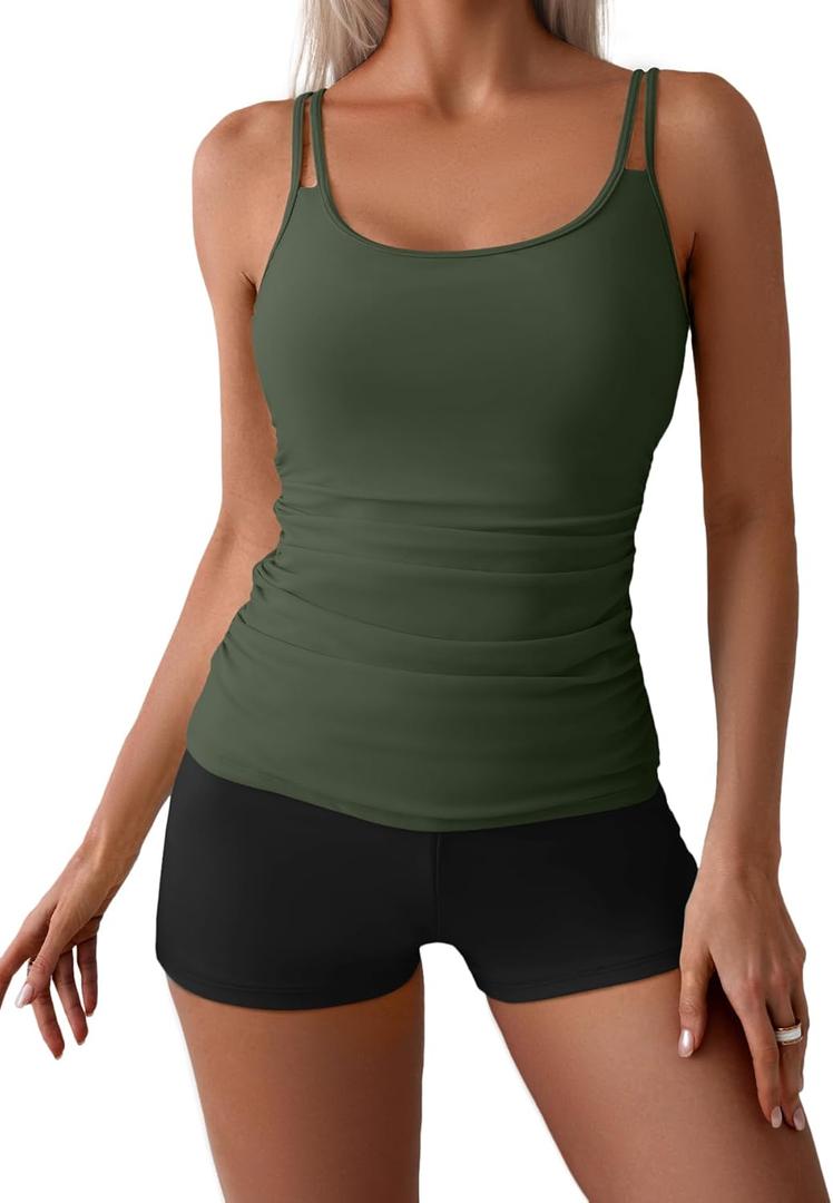 Eomenie Women's Swimsuit Tankini Set Modest Tummy Control Slimming Bathing Suits Two Piece Swim Suit with High Waisted Short (Medium, Green and Black)