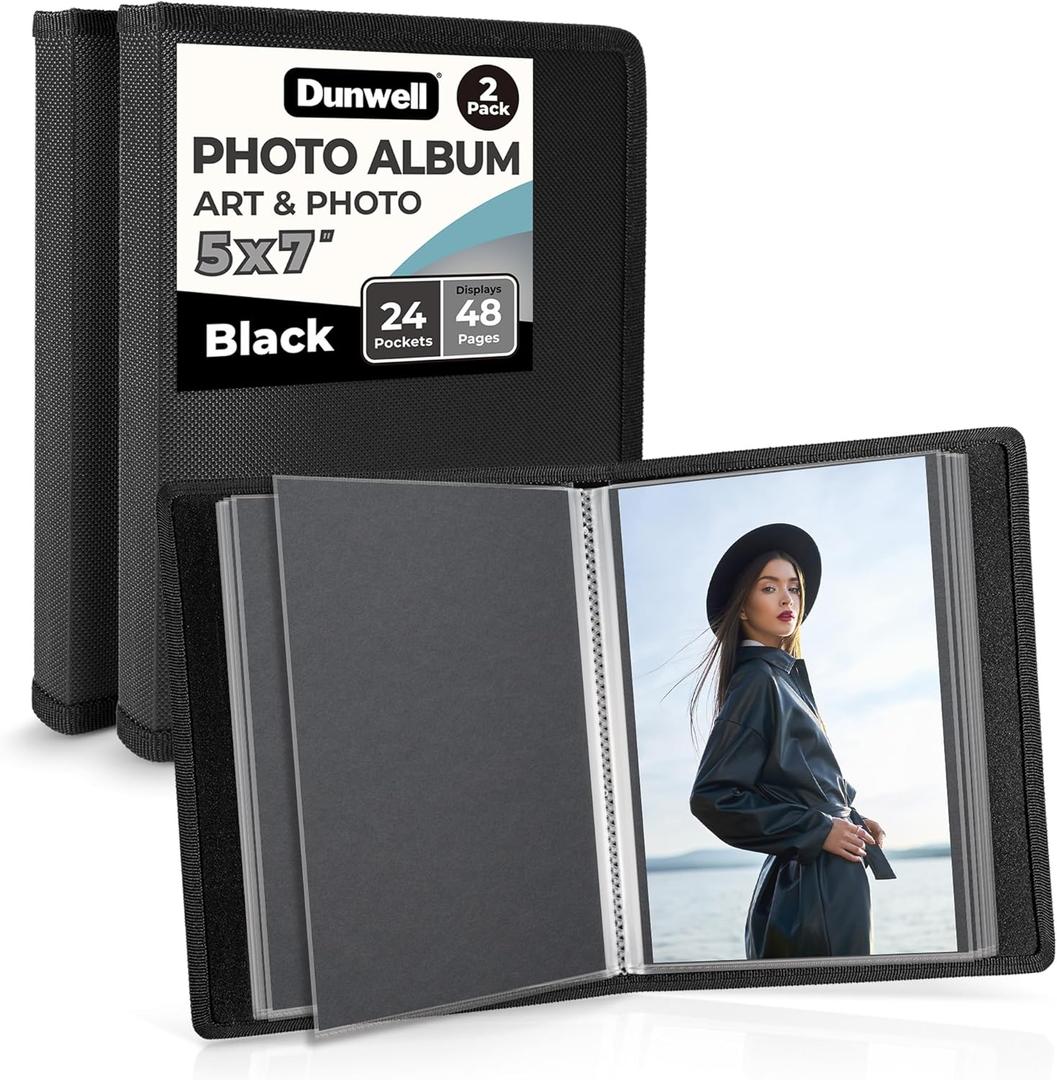 Small Photo Album 5x7 (2-Pack, Black), Mounting Paper 5 x 7 Photo & Art Portfolio Presentation Binder, 24 Sleeves Displays 48 Pages, Professional Picture Book for 5x7 Artwork, Postcards