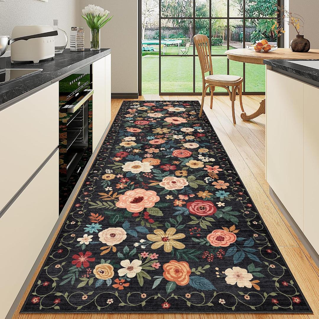 DUKINO Runner Rug, 2x10 Kitchen Runner Rug for Hallway with Non Slip Backing, Washable Low Pile Soft Boho Floral Carpet for Kitchen, Entryway, Hallway, Laundry, Bedroom, Black