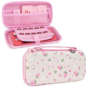 Switch Lite OLED Case Carrying Case- for Nintendo Switch Accessories with Detachable Shoulder Strap,Hard Shell Protective Cover Travel Bag with 10 Game Card Slots,for Girls Cute Strawberry Pink