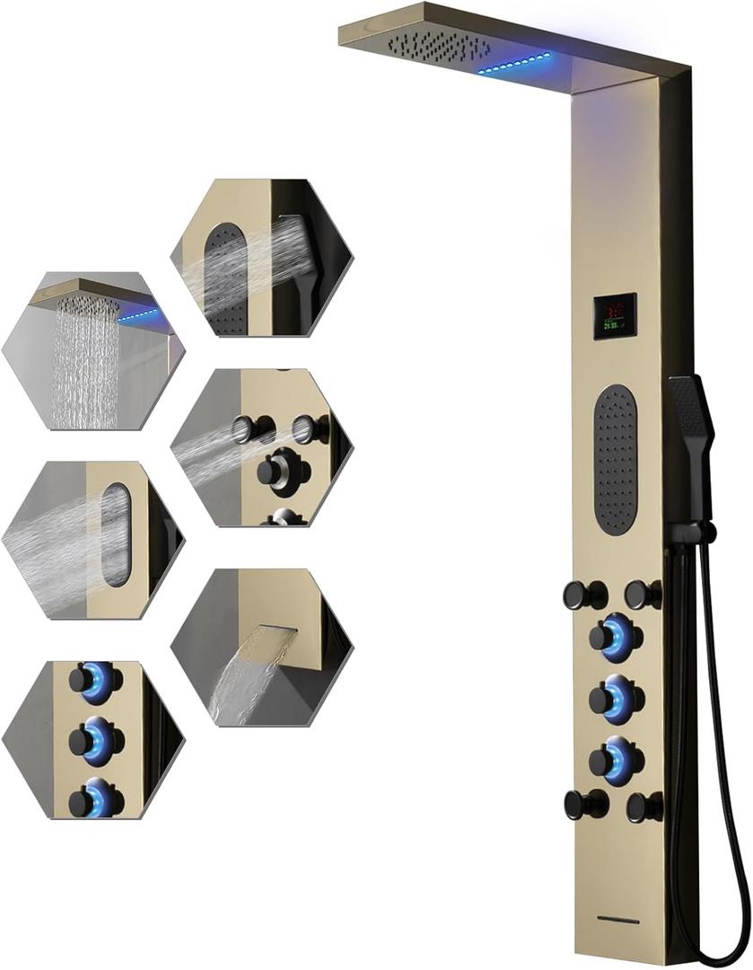 BWE Polished Gold LED Shower Tower Bathroom Shower Panel System with Rainfall Shower Head Rain Massage Stainless Steel Shower Fixtures with Temperature Display