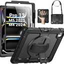 SEYMAC Case for iPad Pro 13 Inch M5 2025 / M4 2024, Heavy Duty Shockproof Protective Case with Screen Protector, 360 Rotating Stand, Hand/Shoulder Strap and Pen Holder, Black