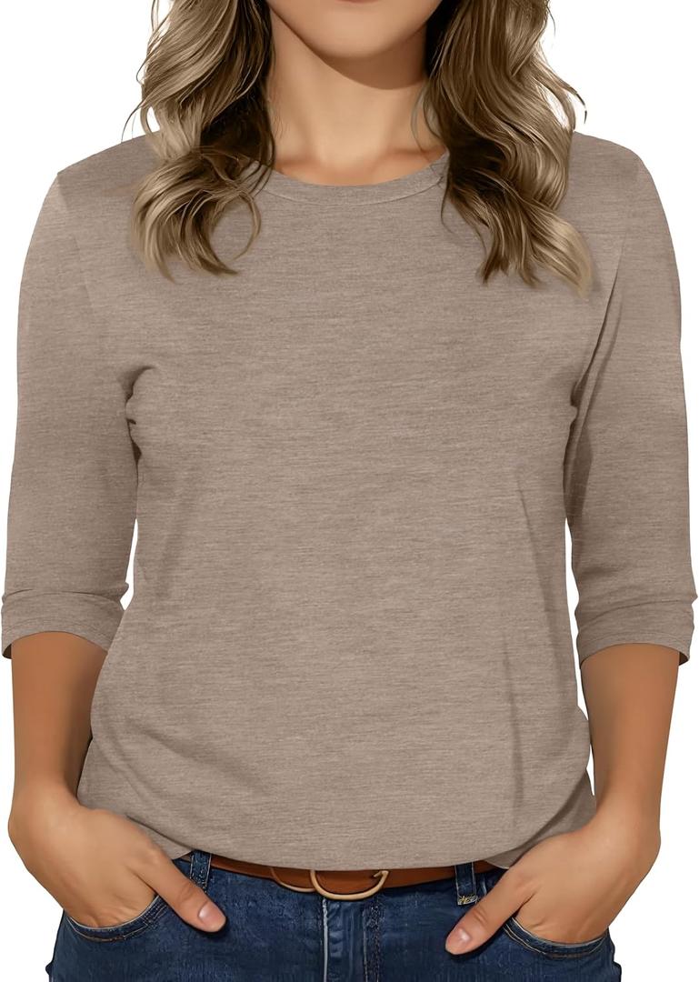 3/4 Sleeve Tops for Women Basic Crew Neck Fall Blouses Casual Fit T Shirts, Apricot, L