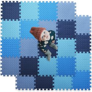 16 Tiles Foam Play Mat for Baby, Soft & Safe EVA Foam Mats for Floor, Square Baby Play Mat, Kids Foam Puzzle Floor Mat, 47x47 Play Mat for Playpen(Dark Blue/Gray Blue/Light Blue/Blue)