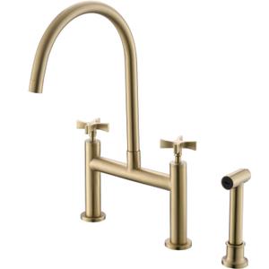 Kitchen Bridge Faucet with Side Sprayer, 8 inch Brass Kitchen Faucet 2 Handles 3 Holes Deck Mount Kitchen Sink Faucet,Brushed Gold (CP025G)