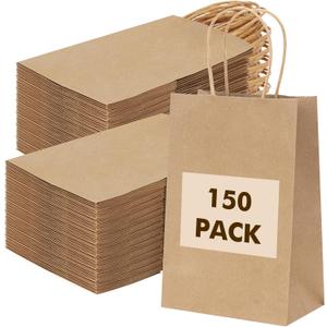 OUTUXED 150pcs Brown Paper Gift Bags, 8x4x10in Brown Kraft Paper Bags with Handles Bulk Medium Size for Retail, Shopping, Wedding, Favor, Birthday Party, Business, Grocery