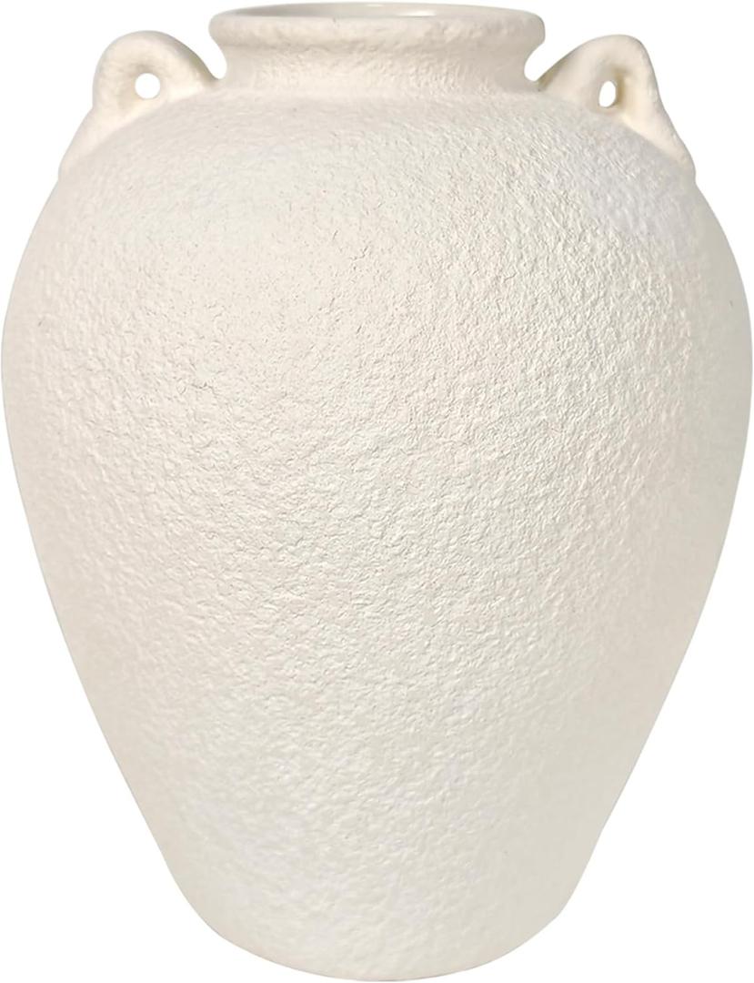 8.7" Antique White Ceramic Vase with Handles, Tabletop Decor