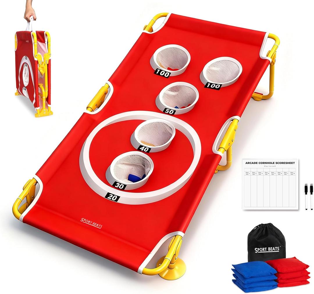 Foldable Arcade Style Cornhole Board Game Set with 8 Bean Bags & Scorecard with 8 Games  Portable 5-Hole Toss Target for Indoor/Outdoor Fun - Choose Your Size (4 x 2 ft - 5 Holes)