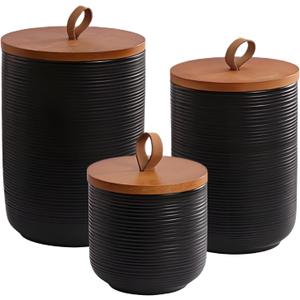 Food Storage Jar Strong Ceramic Storage Canisters with Airtight Wooden Lid,Kitchen Storage Containers for Serving Coffee Beans, Tea, Sugar, Salt, Spices (Black three-piece set)