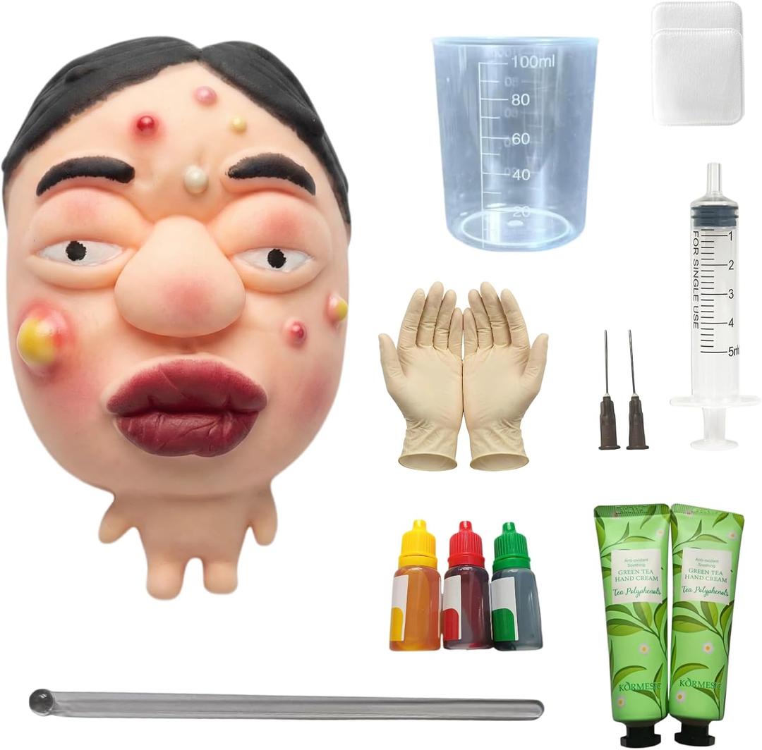 Premium Pimple Popper Toy Face, Customizable Pimple Colors ,Reusable Pimple Popping Fidget Toy with Upgraded Gloves & Detailed Manual, 12-Piece Pimple Popper Kit (Shy Guy Edition)