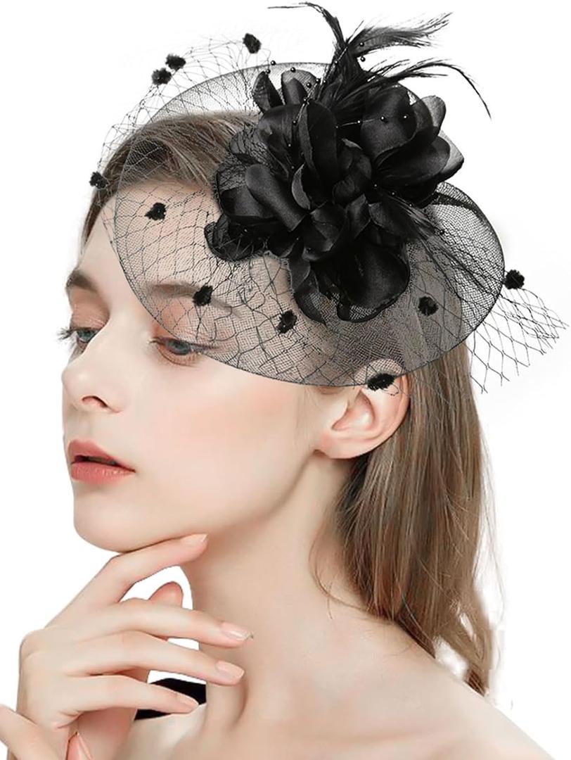 2 x Vintage Fascinators Hats for Women 20s 50s Tea Party Hats with Clip Headwear Wedding Cocktail Feather Mesh Veil Headband