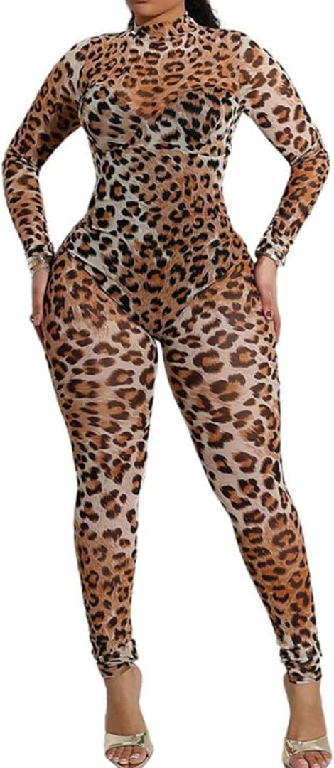 Womens Leopard Print Jumpsuit Long Sleeve High Neck Sexy Top Bodycon Pants Club Party Bodysuit