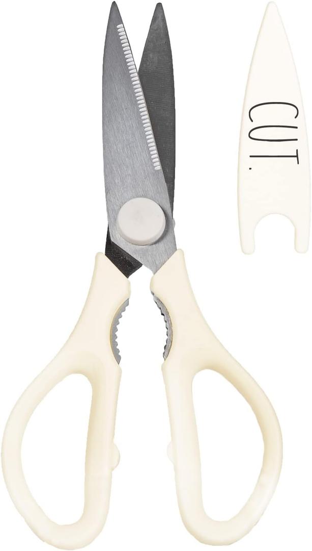 Rae Dunn Kitchen Scissors- Stainless Steel Kitchen Shears, Cooking Scissors for Cutting Meat, Chicken, Herbs and Produce with Blade Cover and Soft Grip Handles, (White)