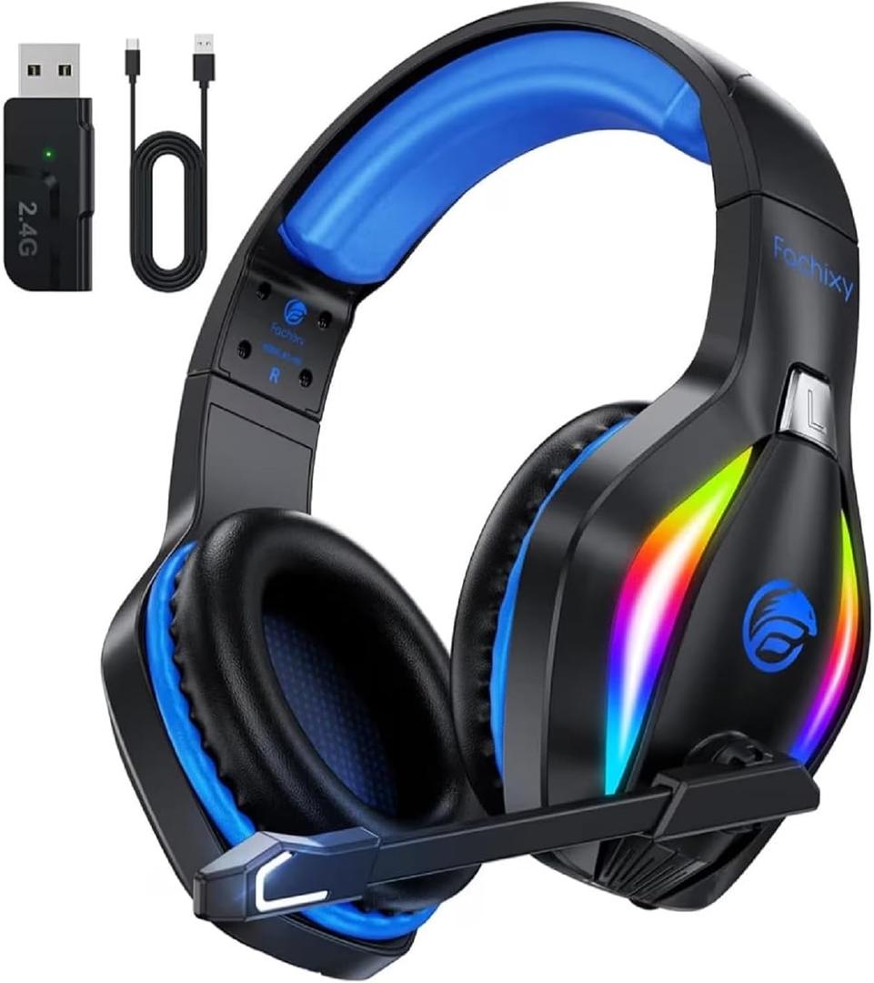 Fachixy FC-100 Wireless Gaming Headset for PS5, PS4, Switch - Gaming Headphones with Lossless Audio & 50Hrs Battery Life - Gamer Headset with Microphone for Mac, Laptop, Mobile (Blue)