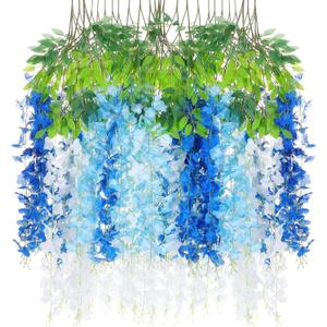 24 Pcs Wisteria Hanging Flowers 3.6 Feet Artificial Fake Wisteria Flower Vine Garland Ratta for Backdrop Wedding Decor Home Party(Blue, White)