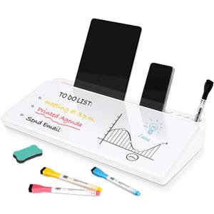 DOLLAR BOSS Glass Desk Whiteboard Small Dry Erase Board Desktop White Board with Storage Drawer Computer Keyboard Stand Desk Organizer Office Accessories Back to School Supplies with 4 Markers, White